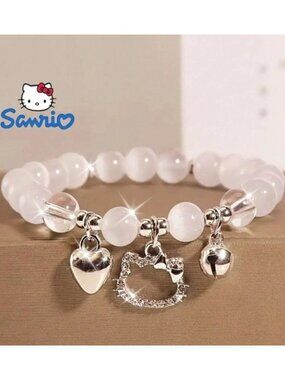 Hello Kitty Silver Charm Stretch Bracelet Rhinestone Heart & Beaded Design